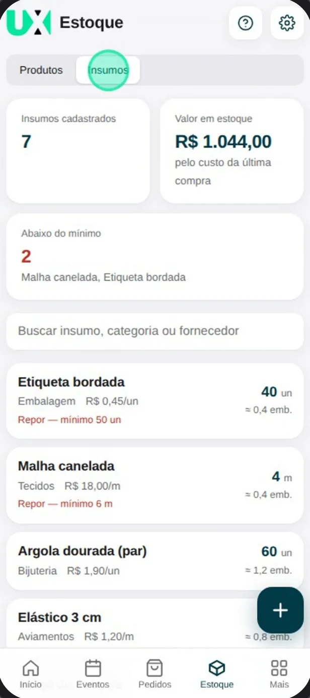Tela de Estoque do UnityX Core