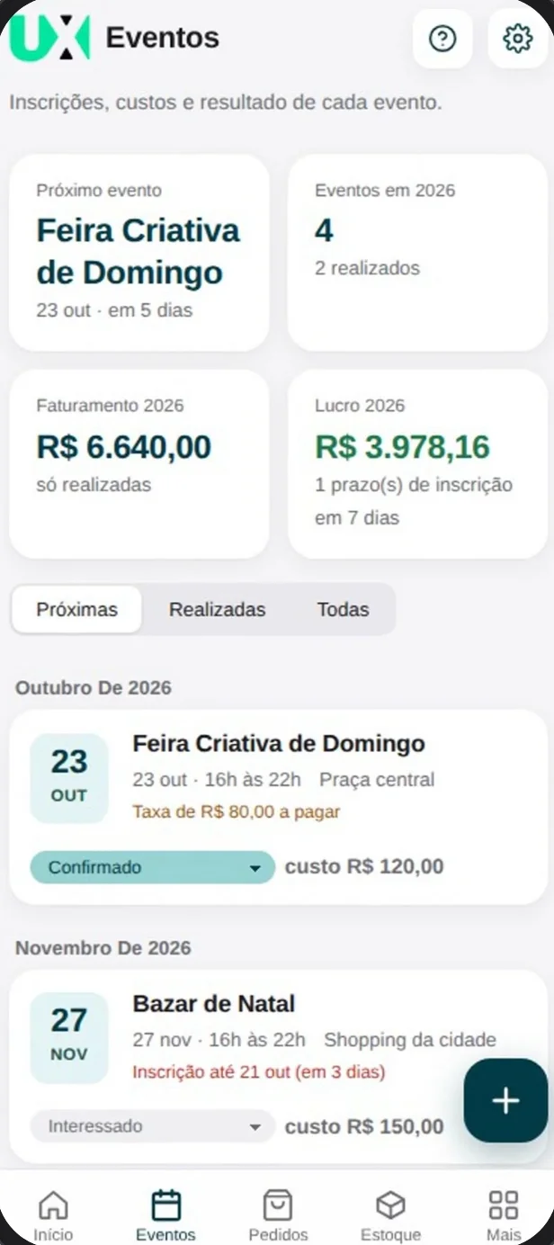 Tela de Eventos do UnityX Core