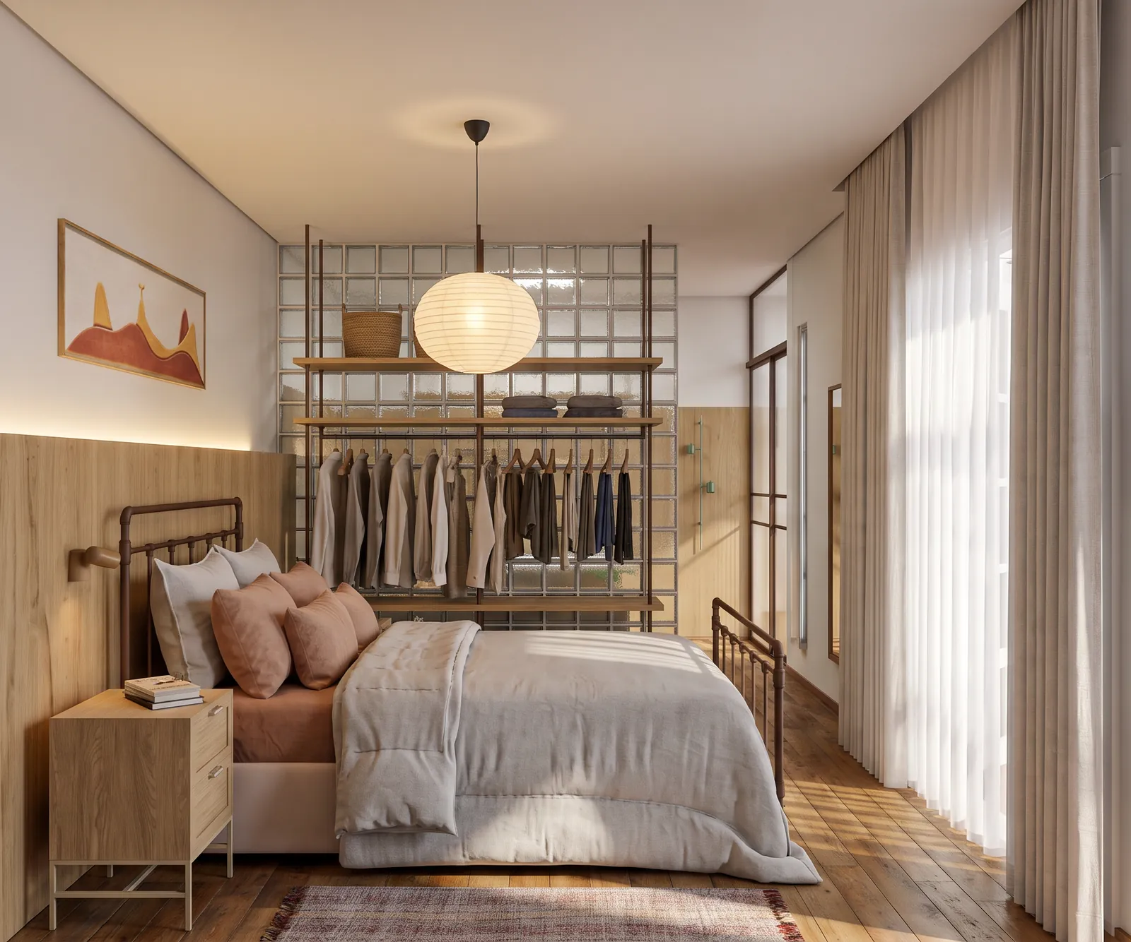 Imagem 3D de quarto com luminária de papel, arara metálica e criado-mudo de madeira