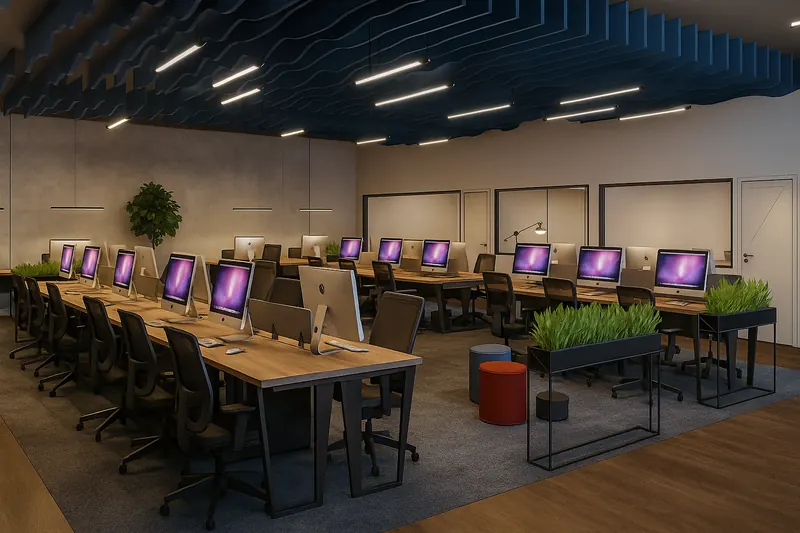 Imagem 3D de escritório AMPEC com bancadas de trabalho e forro acústico azul