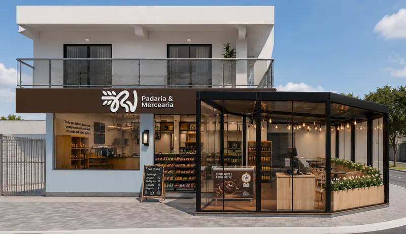 Imagem 3D da fachada da Padaria e Mercearia RV, com fechamento em vidro