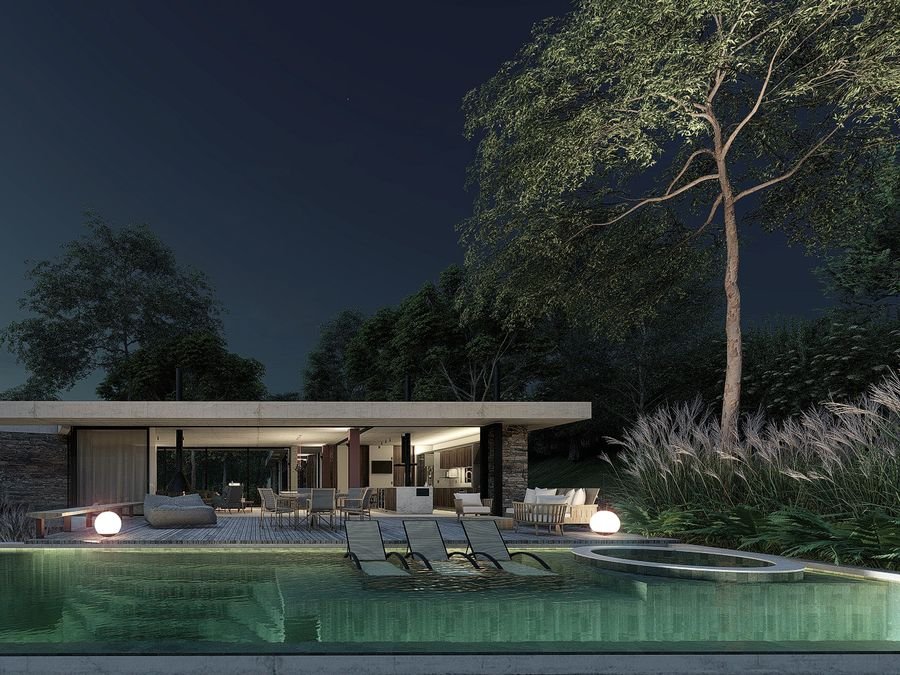 Imagem 3D noturna da Casa Ponta: volume térreo envidraçado diante da piscina