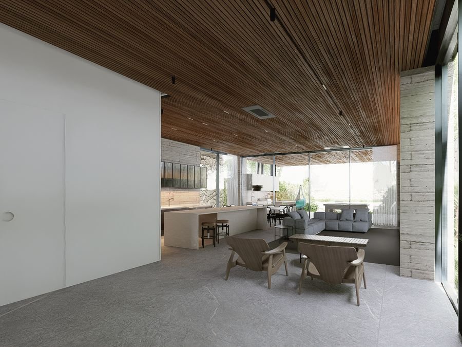 Imagem 3D da Casa Tirante: estar com forro de madeira, poltronas e cozinha integrada