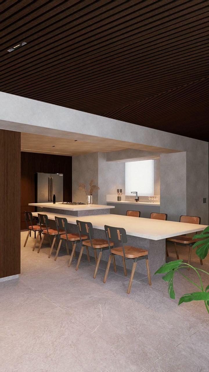 Imagem 3D do Apartamento Tumiarú: cozinha integrada com mesa longa, forro de madeira ripada e estar ao fundo