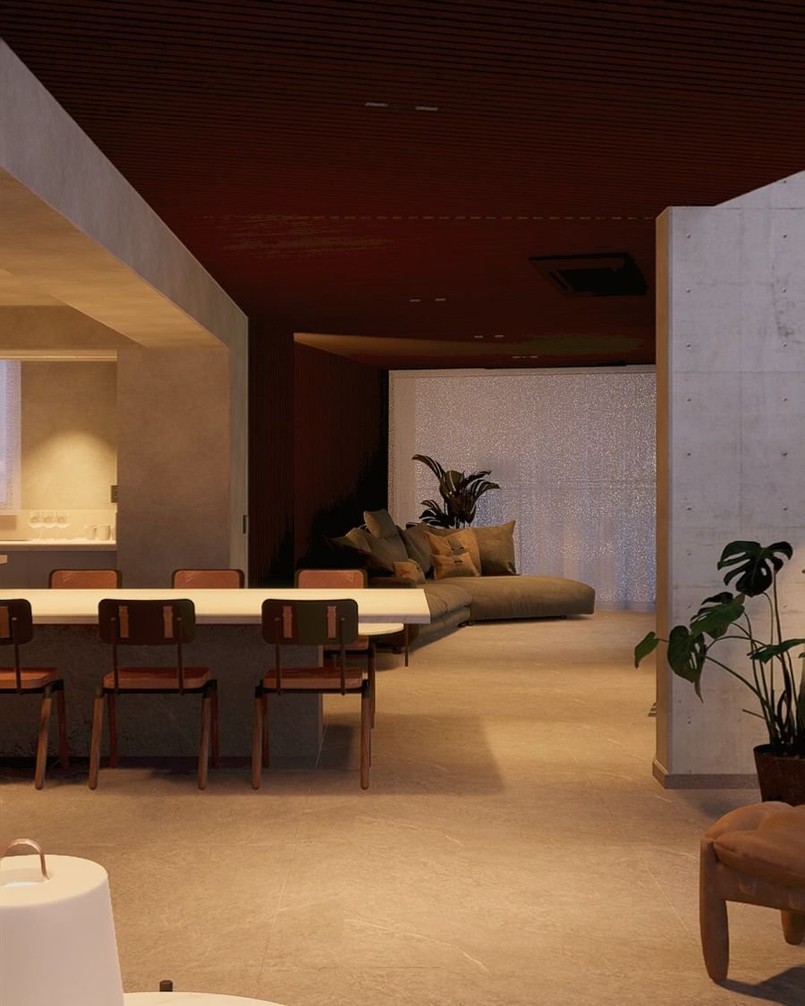Imagem 3D do Apartamento Tumiarú: mesa de jantar, estar com sofá baixo e plantas ao fundo